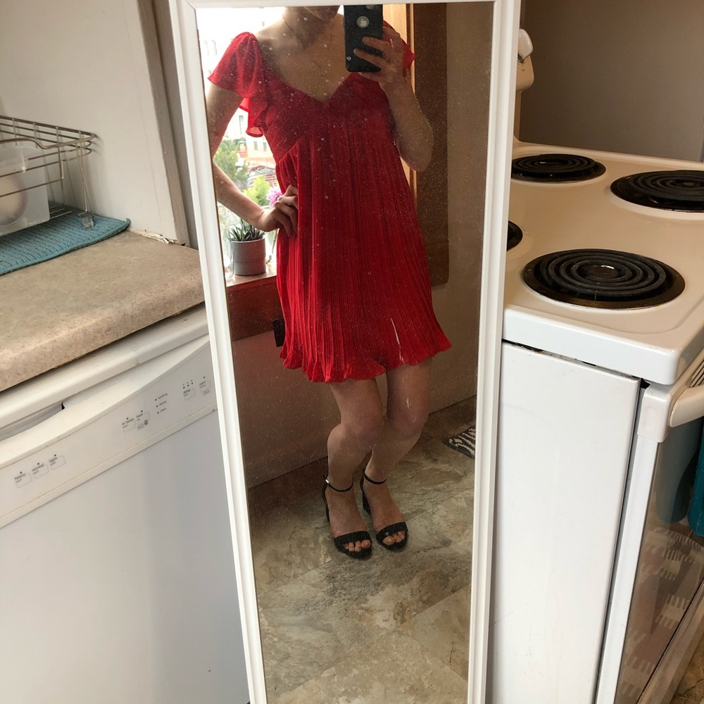 Red flowy dress.